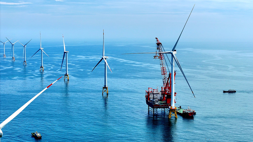 The installation of the world's largest 16MW offshore wind turbine completes in southeast China's Fujian Province on June 28, 2023. /CFP