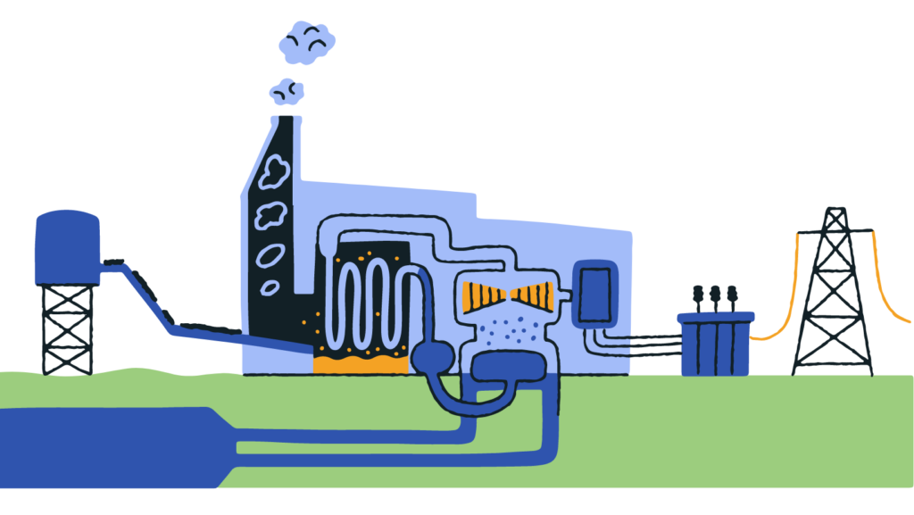 An illustration that shows the generation and cooling processes of a utility-scale power plant